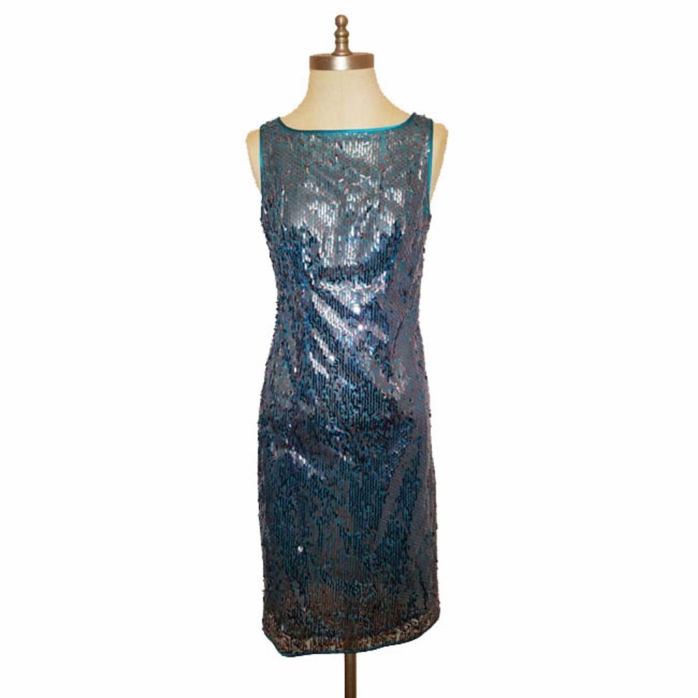 NWOT Mr Abbott Teal Silk Sequin Sheath Dress Small